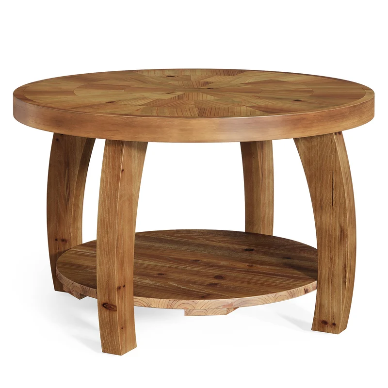 Table basse ronde de 80 cm en bois massif, Table d'appoint à deux niveaux avec motif mosaïque et étagère inférieure