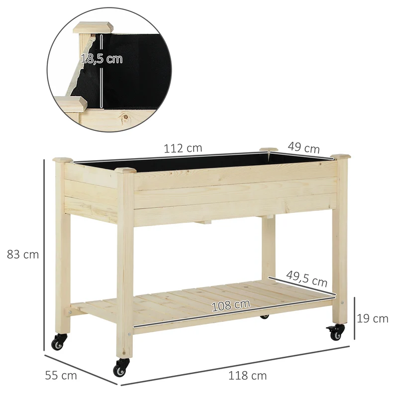 Jardinière sur pieds grand potager 118 x 55 x 83 cm étagère et roulettes avec frein scandinave épuré en bois naturel 21_0004152