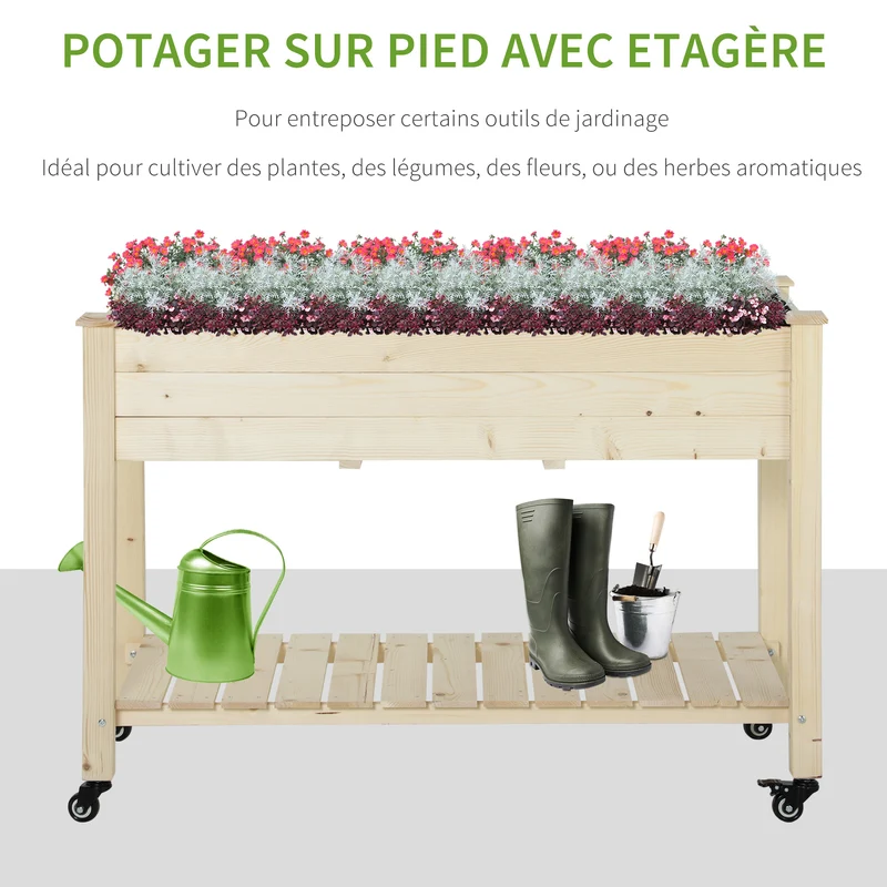 Jardinière sur pieds grand potager 118 x 55 x 83 cm étagère et roulettes avec frein scandinave épuré en bois naturel 21_0004152