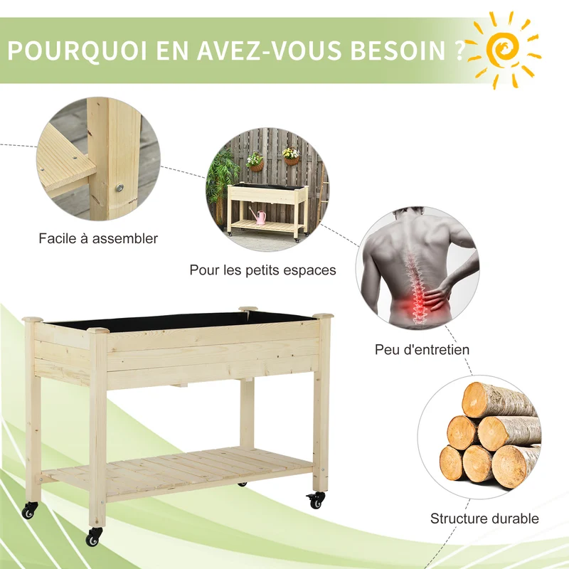 Jardinière sur pieds grand potager 118 x 55 x 83 cm étagère et roulettes avec frein scandinave épuré en bois naturel 21_0004152