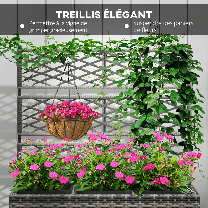 Jardinière sur pied 84 x 30 x 107 cm treillis pour grimpantes résistante intempéries design en résine tressée gris clair 21_0006064