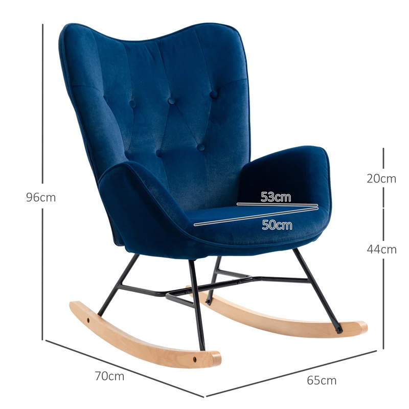 Fauteuil à bascule à oreilles salon 65 x 70 x 96 cm assise profonde dossier haut confortable vintage en velours bleu 21_0003047