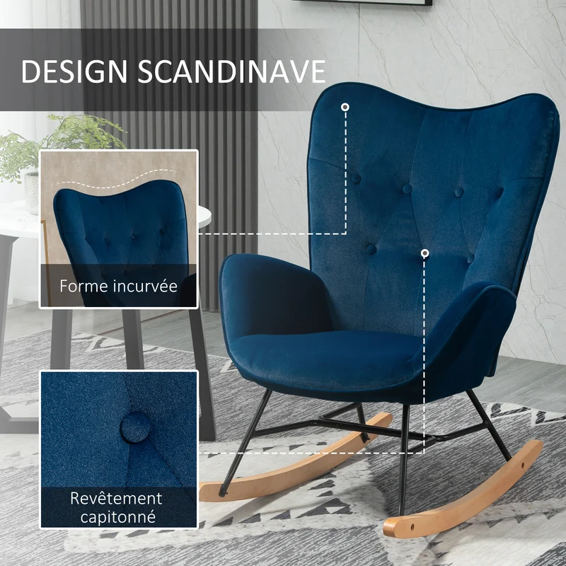 Fauteuil à bascule à oreilles salon 65 x 70 x 96 cm assise profonde dossier haut confortable vintage en velours bleu 21_0003047