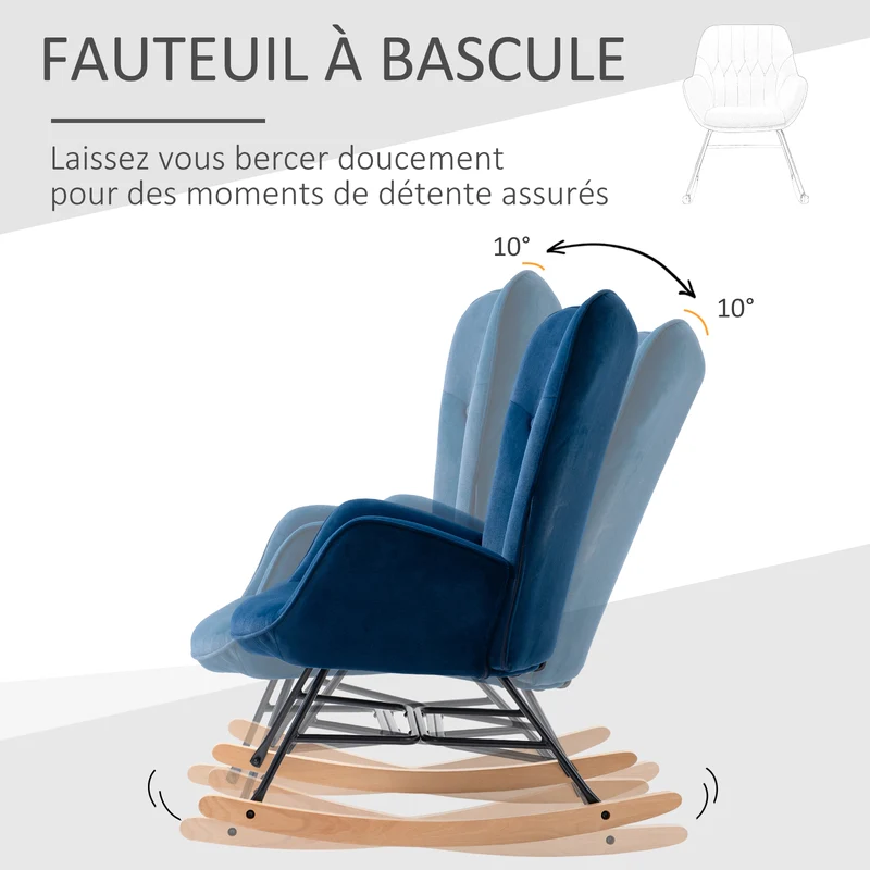 Fauteuil à bascule à oreilles salon 65 x 70 x 96 cm assise profonde dossier haut confortable vintage en velours bleu 21_0003047