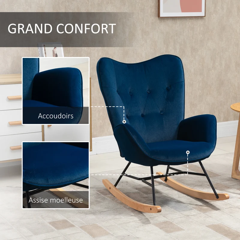 Fauteuil à bascule à oreilles salon 65 x 70 x 96 cm assise profonde dossier haut confortable vintage en velours bleu 21_0003047