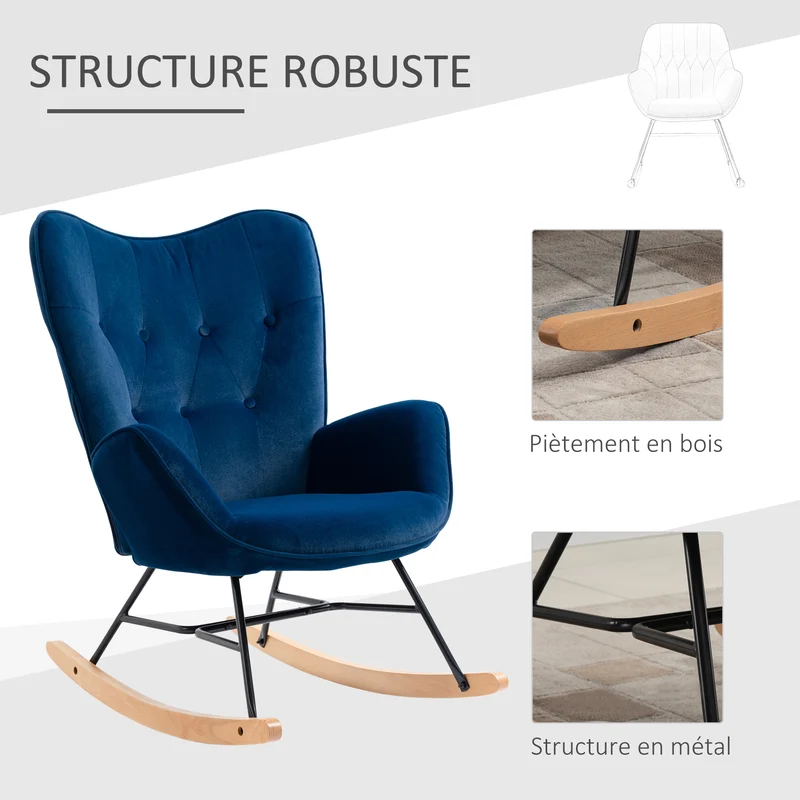 Fauteuil à bascule à oreilles salon 65 x 70 x 96 cm assise profonde dossier haut confortable vintage en velours bleu 21_0003047