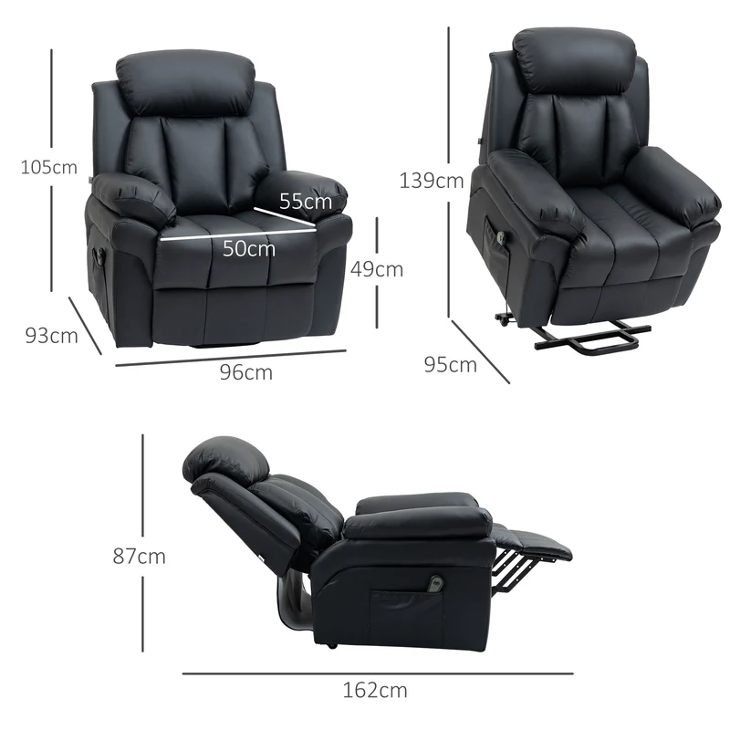 Fauteuil releveur électrique salon 96 x 93 x 105 cm repose-pieds réglable inclinaison 150° classique pratique en PU noir 21_0000857