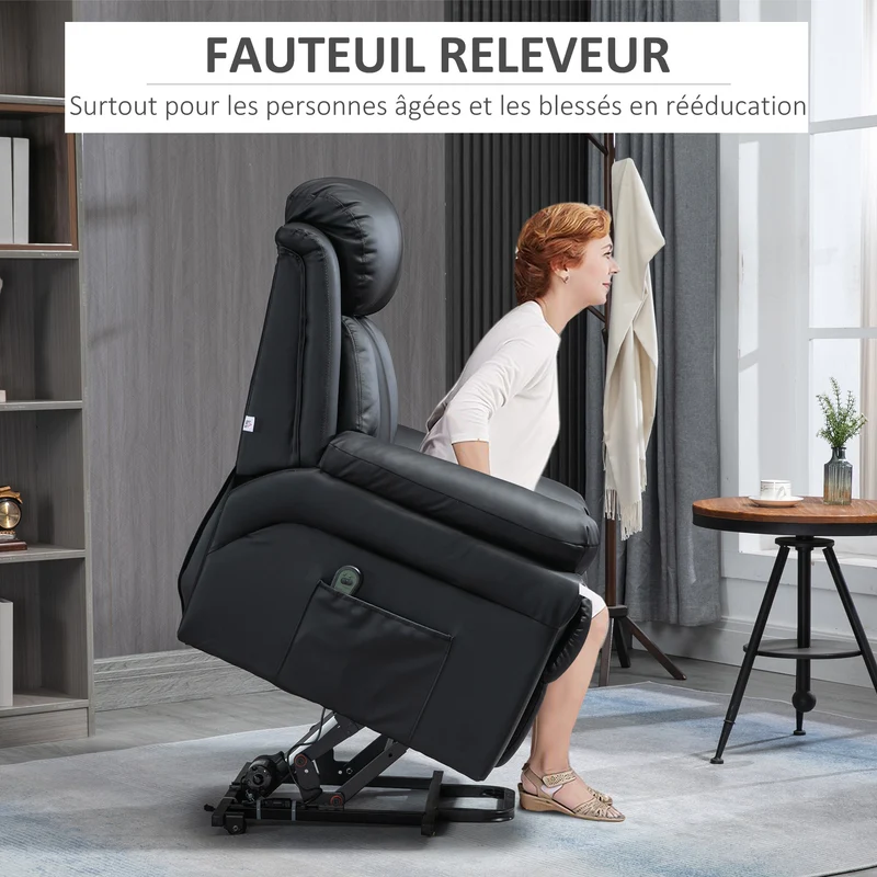 Fauteuil releveur électrique salon 96 x 93 x 105 cm repose-pieds réglable inclinaison 150° classique pratique en PU noir 21_0000857