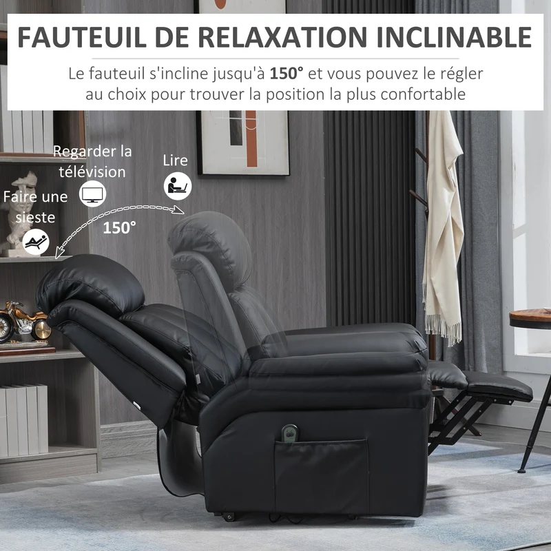 Fauteuil releveur électrique salon 96 x 93 x 105 cm repose-pieds réglable inclinaison 150° classique pratique en PU noir 21_0000857