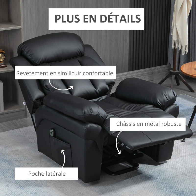 Fauteuil releveur électrique salon 96 x 93 x 105 cm repose-pieds réglable inclinaison 150° classique pratique en PU noir 21_0000857