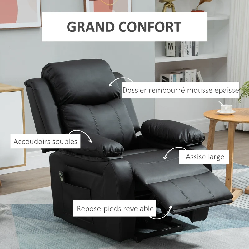 Fauteuil releveur électrique salon 96 x 93 x 105 cm repose-pieds réglable inclinaison 150° classique pratique en PU noir 21_0000857