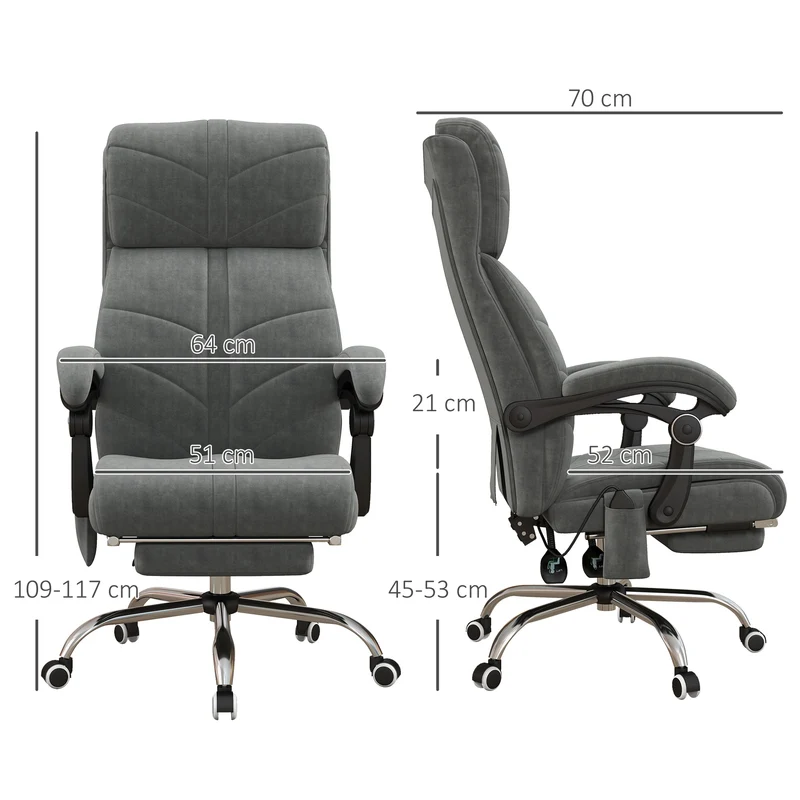 Fauteuil de bureau massant inclinable 64 x 70 x 117 cm massage chauffant ergonomique contemporain bureau en velours gris 21_0006246