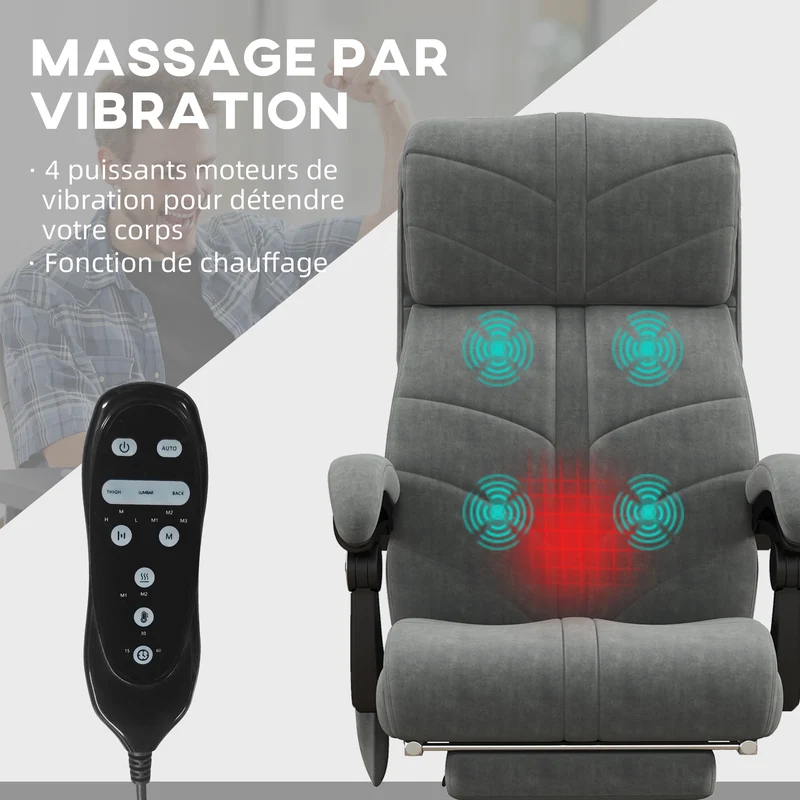 Fauteuil de bureau massant inclinable 64 x 70 x 117 cm massage chauffant ergonomique contemporain bureau en velours gris 21_0006246