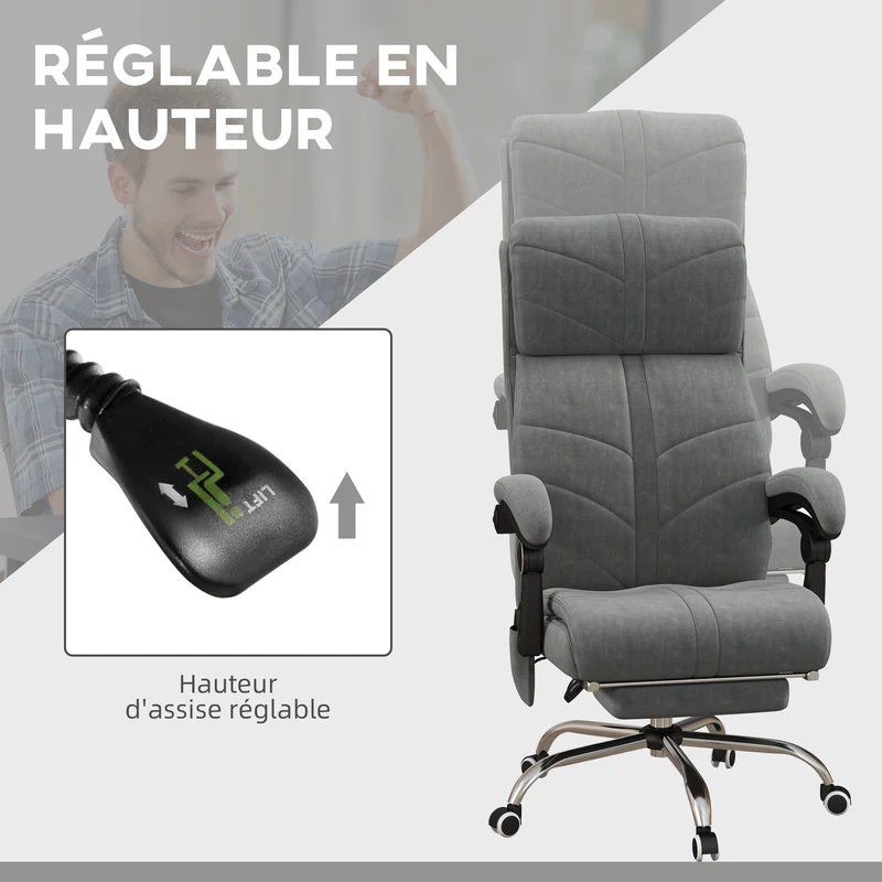 Fauteuil de bureau massant inclinable 64 x 70 x 117 cm massage chauffant ergonomique contemporain bureau en velours gris 21_0006246