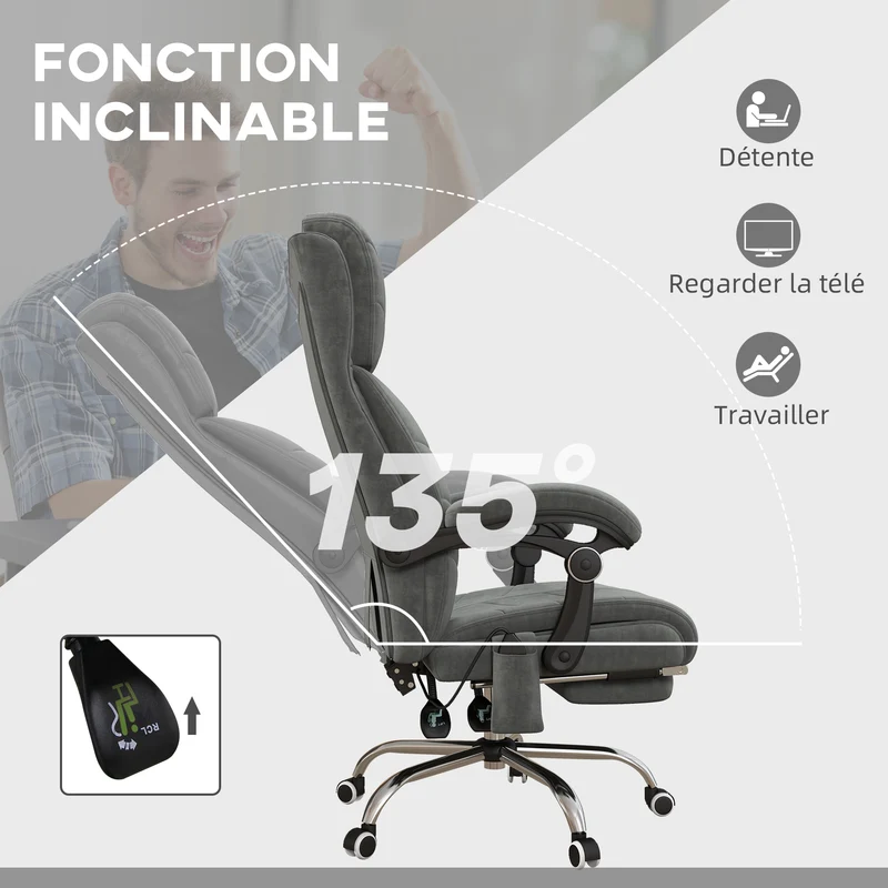 Fauteuil de bureau massant inclinable 64 x 70 x 117 cm massage chauffant ergonomique contemporain bureau en velours gris 21_0006246