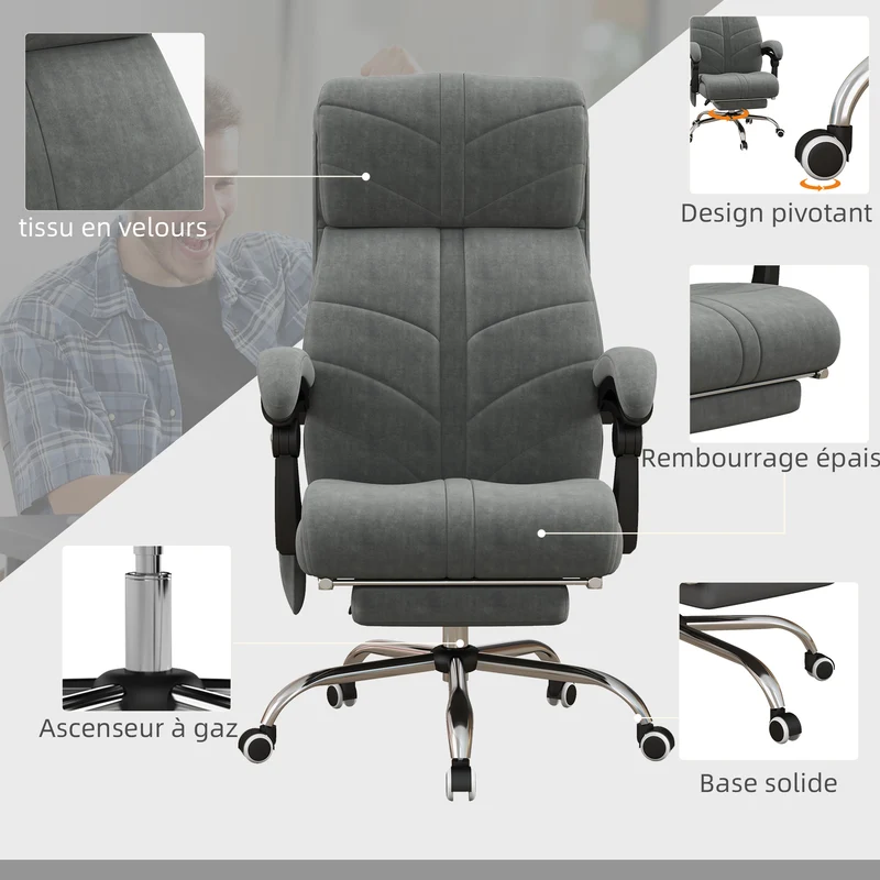 Fauteuil de bureau massant inclinable 64 x 70 x 117 cm massage chauffant ergonomique contemporain bureau en velours gris 21_0006246