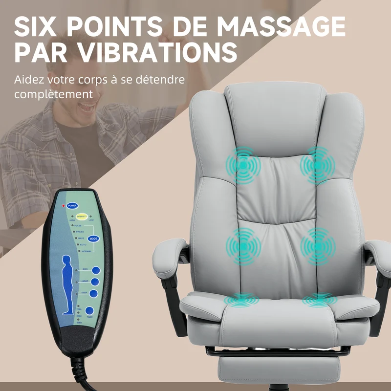 Fauteuil de bureau massant 68,5 x 68,5 x 113-121 cm massage et assise pivotante 360° moderne contemporain en PU gris 21_0006212