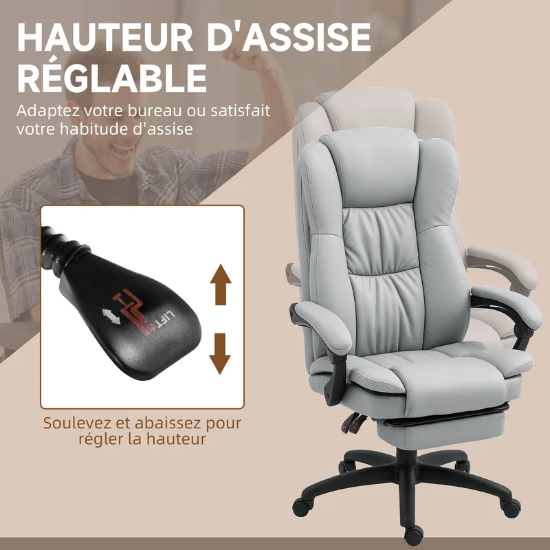 Fauteuil de bureau massant 68,5 x 68,5 x 113-121 cm massage et assise pivotante 360° moderne contemporain en PU gris 21_0006212