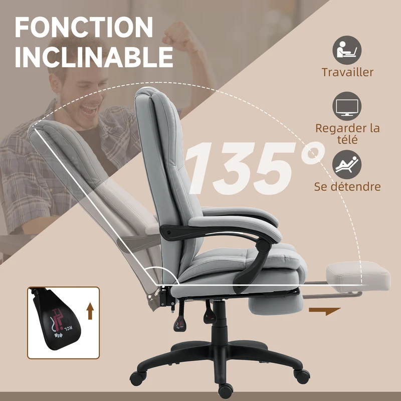 Fauteuil de bureau massant 68,5 x 68,5 x 113-121 cm massage et assise pivotante 360° moderne contemporain en PU gris 21_0006212