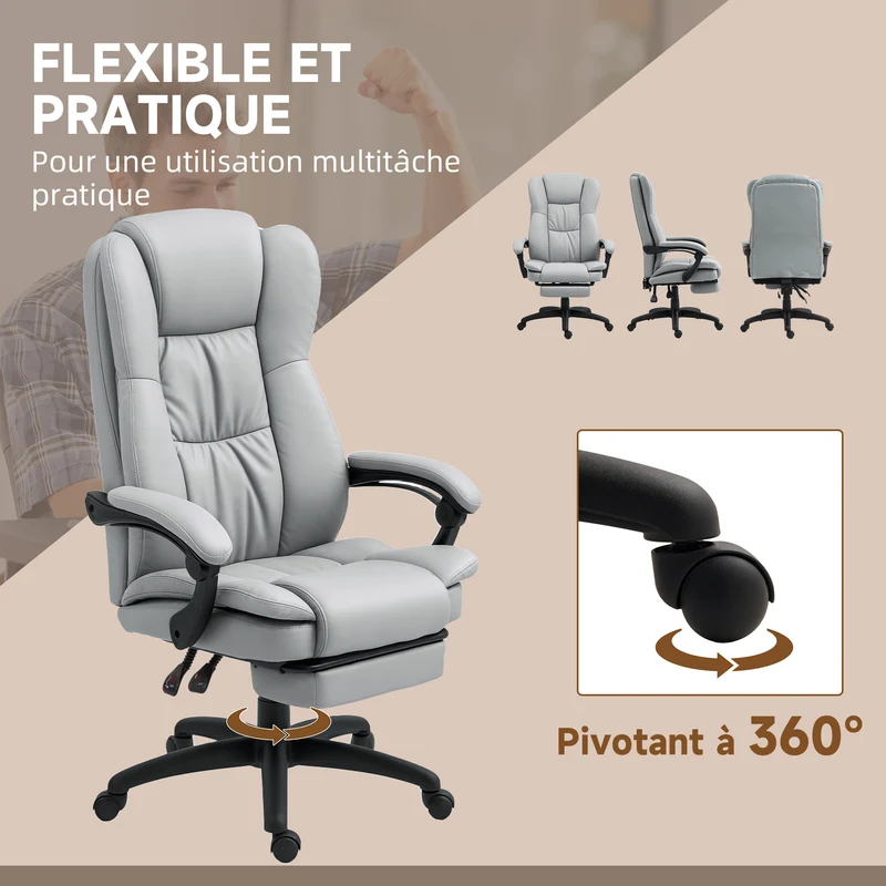 Fauteuil de bureau massant 68,5 x 68,5 x 113-121 cm massage et assise pivotante 360° moderne contemporain en PU gris 21_0006212