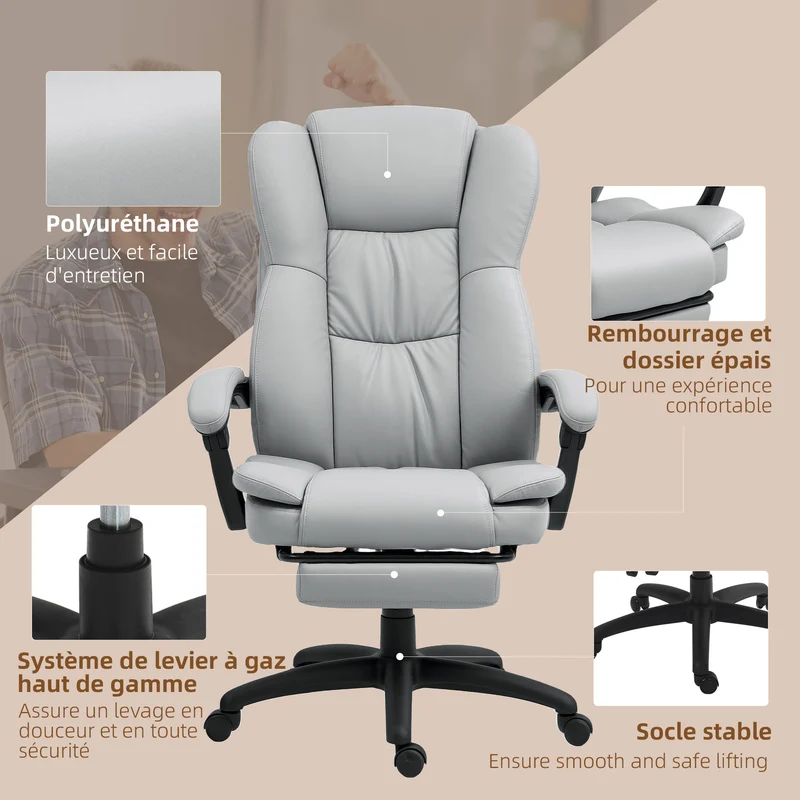 Fauteuil de bureau massant 68,5 x 68,5 x 113-121 cm massage et assise pivotante 360° moderne contemporain en PU gris 21_0006212
