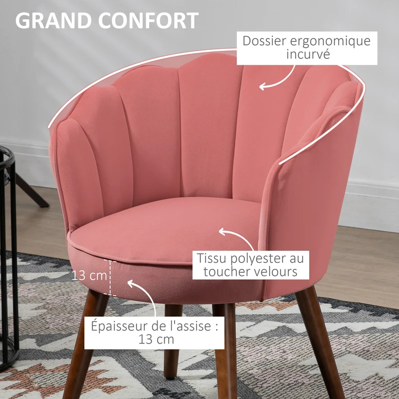 Fauteuil coquillage salon chambre 66 x 66 x 78.5 cm dossier enveloppant assise confortable scandinave en polyester rose 21_0003027