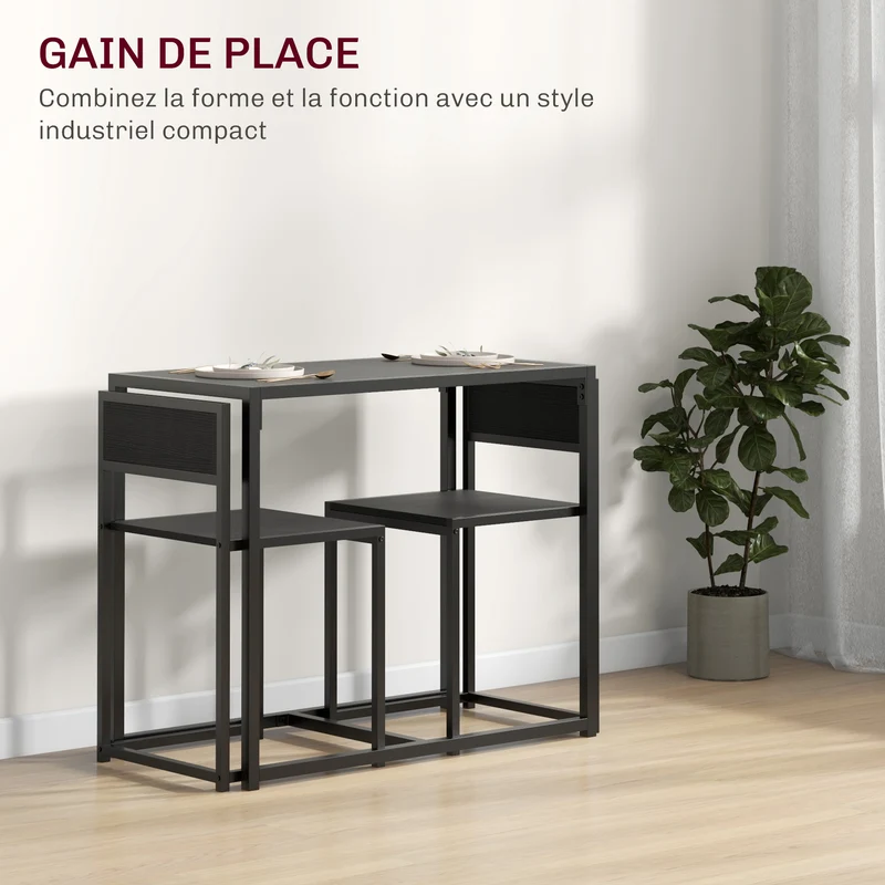 Ensemble table de bar avec 2 tabourets encastrables 90 x 47 x 76 cm gain de place assise dossier bas moderne en MDF noir 21_0002175