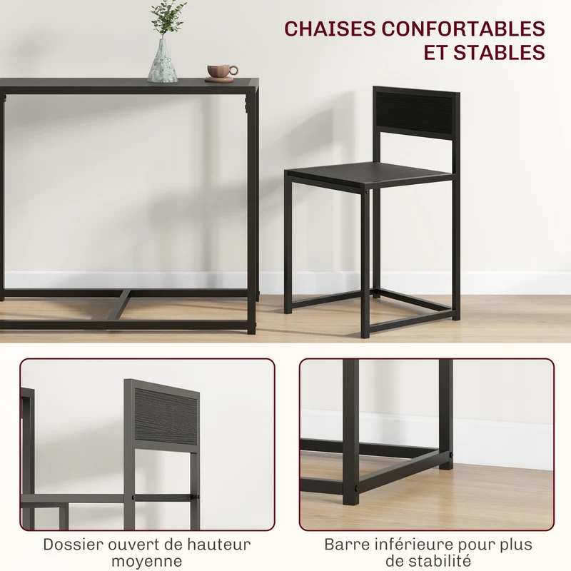 Ensemble table de bar avec 2 tabourets encastrables 90 x 47 x 76 cm gain de place assise dossier bas moderne en MDF noir 21_0002175