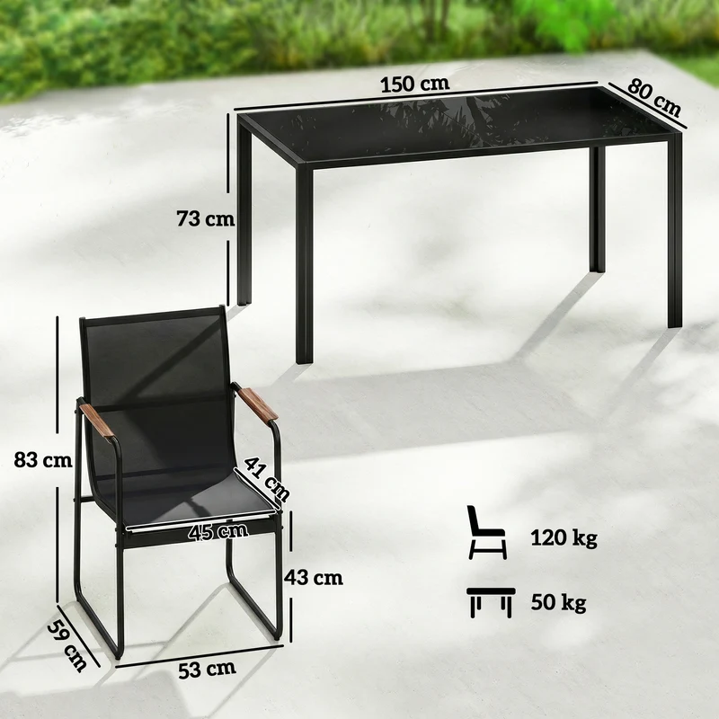 Ensemble salle à manger d'extérieur 150 x 80 x 73 cm 7 pièces assise respirante dossier incliné moderne en acier noir 21_0005356