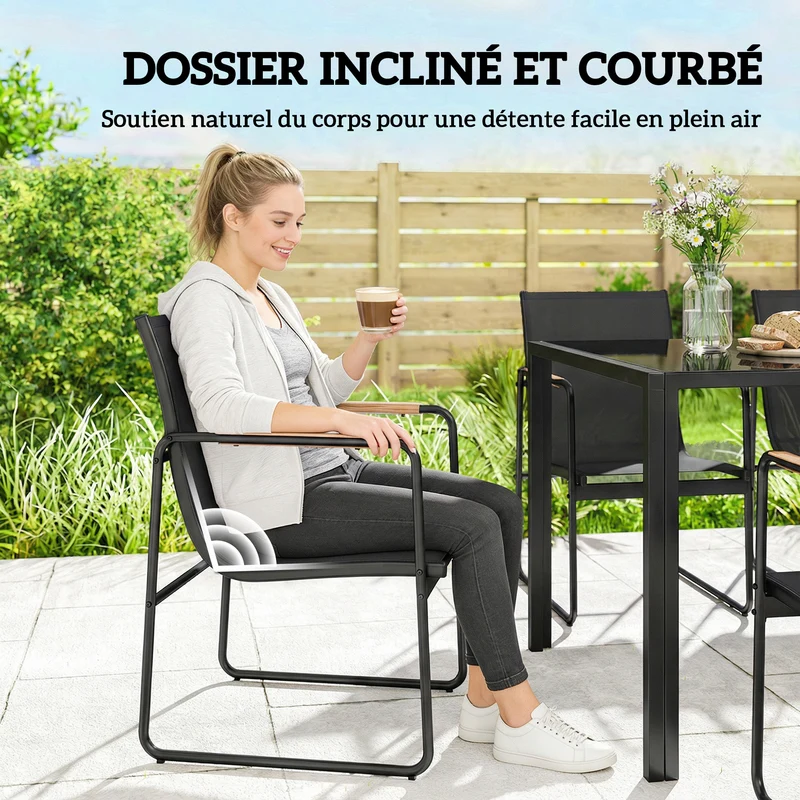 Ensemble salle à manger d'extérieur 150 x 80 x 73 cm 7 pièces assise respirante dossier incliné moderne en acier noir 21_0005356