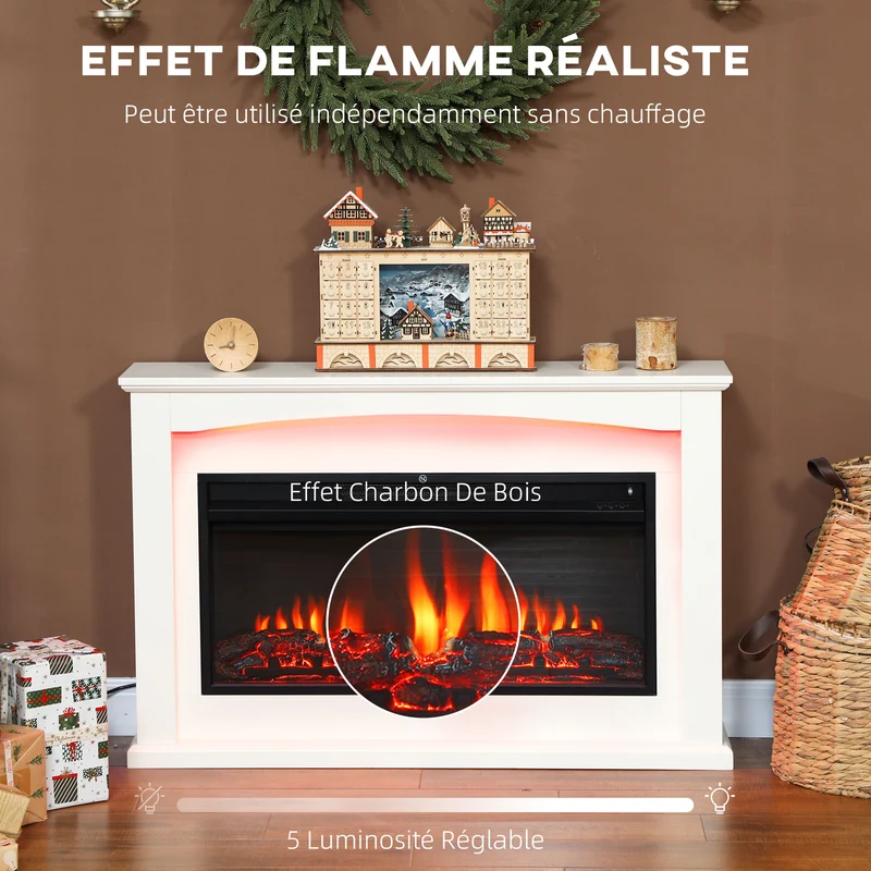 Cheminée électrique salon 121 x 25 x 77 cm effet flamme réaliste chauffage réglable 1000 2000W moderne en MDF blanc 21_0001142