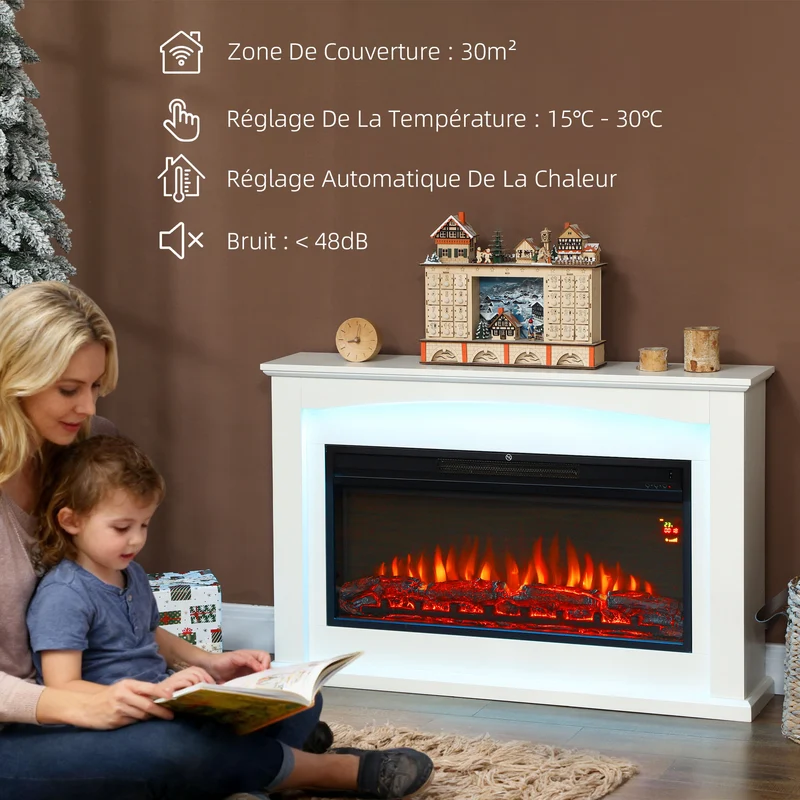 Cheminée électrique salon 121 x 25 x 77 cm effet flamme réaliste chauffage réglable 1000 2000W moderne en MDF blanc 21_0001142