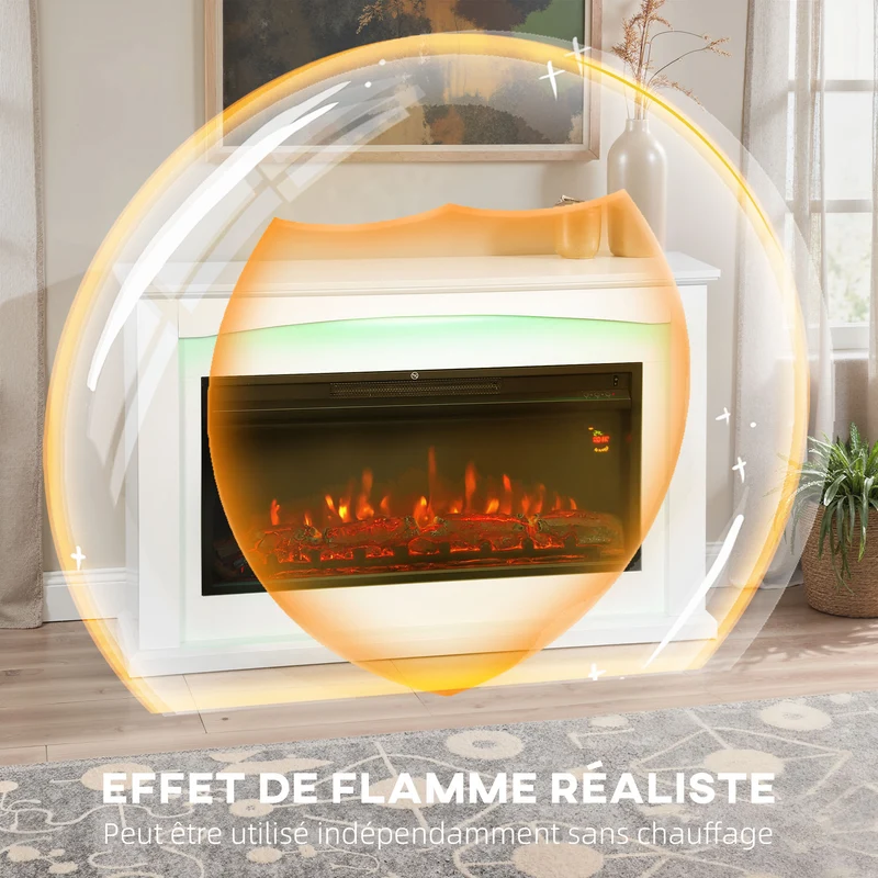 Cheminée électrique salon 121 x 25 x 77 cm effet flamme réaliste chauffage réglable 1000 2000W moderne en MDF blanc 21_0001142