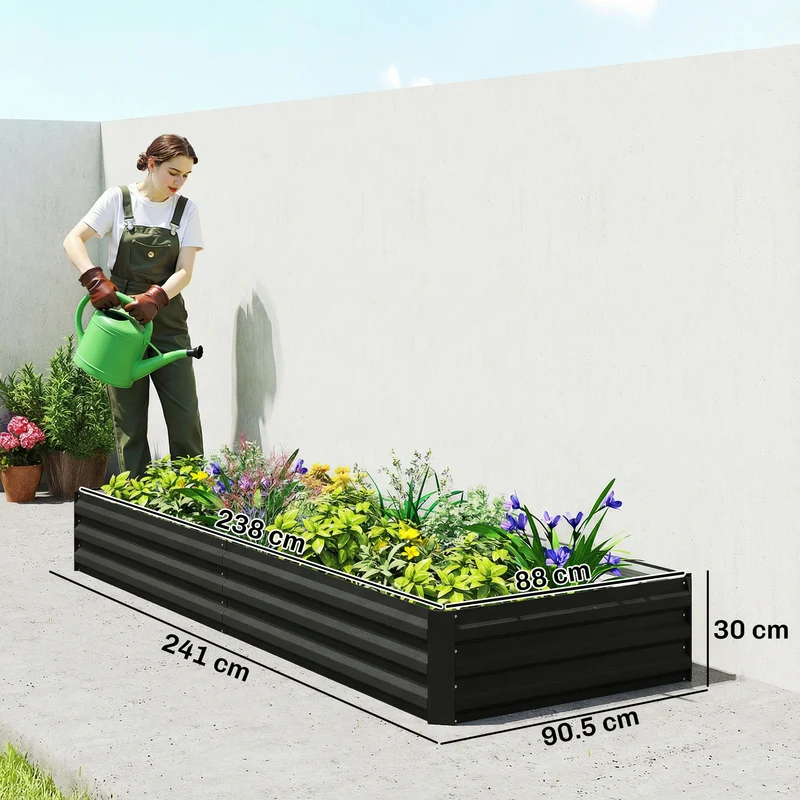 Carré potager rectangulaire jardin 241 x 90,5 x 30 cm résistant et modulable cosy industriel contemporain en acier noir 21_0004215