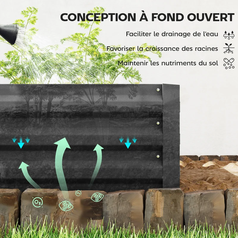 Carré potager rectangulaire jardin 241 x 90,5 x 30 cm résistant et modulable cosy industriel contemporain en acier noir 21_0004215