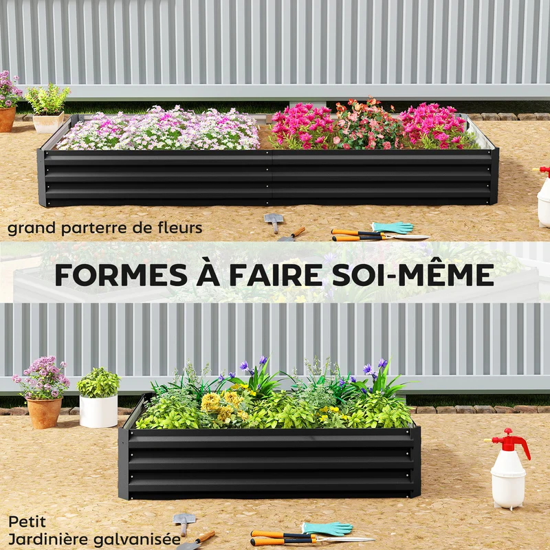 Carré potager rectangulaire jardin 241 x 90,5 x 30 cm résistant et modulable cosy industriel contemporain en acier noir 21_0004215