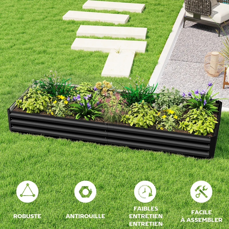 Carré potager rectangulaire jardin 241 x 90,5 x 30 cm résistant et modulable cosy industriel contemporain en acier noir 21_0004215