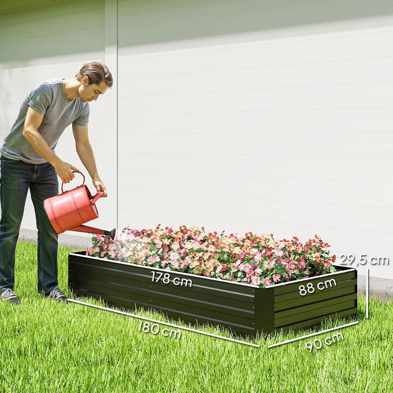 Carré potager rectangulaire jardin 180 x 90 x 29,5 cm avec tuteur 188 cm grand volume moderne en acier galvanisé noir 21_0004285