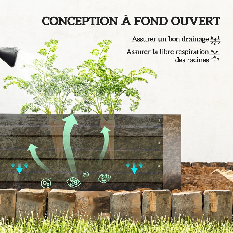 Carré potager rectangulaire jardin 180 x 90 x 29,5 cm avec tuteur 188 cm grand volume moderne en acier galvanisé noir 21_0004285