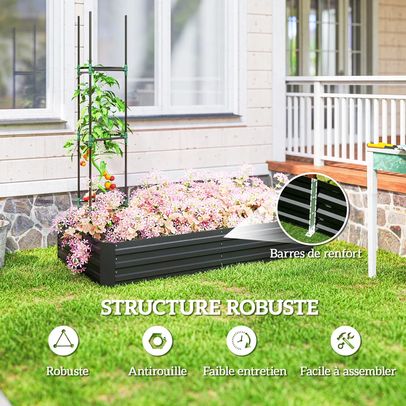 Carré potager rectangulaire jardin 180 x 90 x 29,5 cm avec tuteur 188 cm grand volume moderne en acier galvanisé noir 21_0004285