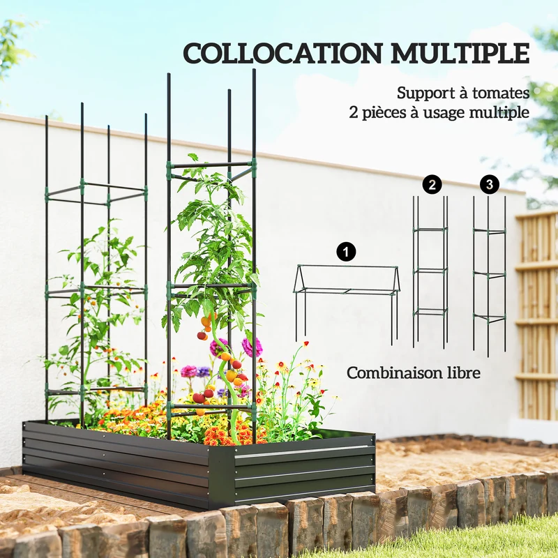 Carré potager rectangulaire jardin 180 x 90 x 29,5 cm avec tuteur 188 cm grand volume moderne en acier galvanisé noir 21_0004285