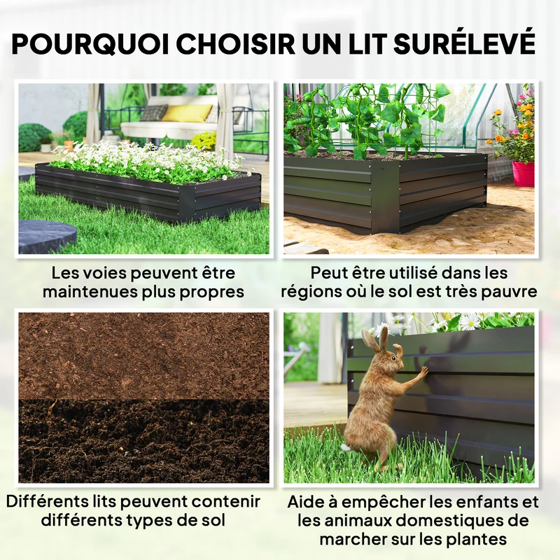 Carré potager rectangulaire jardin 180 x 90 x 29,5 cm avec tuteur 188 cm grand volume moderne en acier galvanisé noir 21_0004285