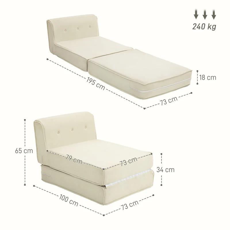 Canapé-lit pliant compact 73 x 100 x 65 cm lit d'appoint rembourré gain de place moderne en velours côtelé blanc crème 21_0003425