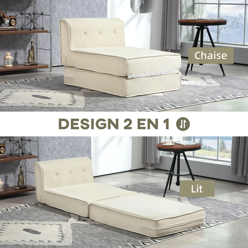 Canapé-lit pliant compact 73 x 100 x 65 cm lit d'appoint rembourré gain de place moderne en velours côtelé blanc crème 21_0003425