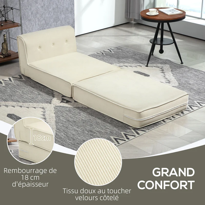 Canapé-lit pliant compact 73 x 100 x 65 cm lit d'appoint rembourré gain de place moderne en velours côtelé blanc crème 21_0003425
