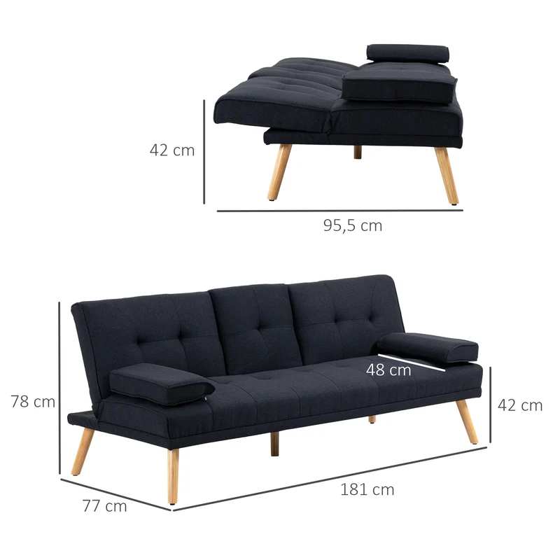 Canapé convertible 3 places 181 x 77 x 78 cm lit dossier réglable 2 coussins déco scandinave en tissu de lin gris foncé 21_0001754