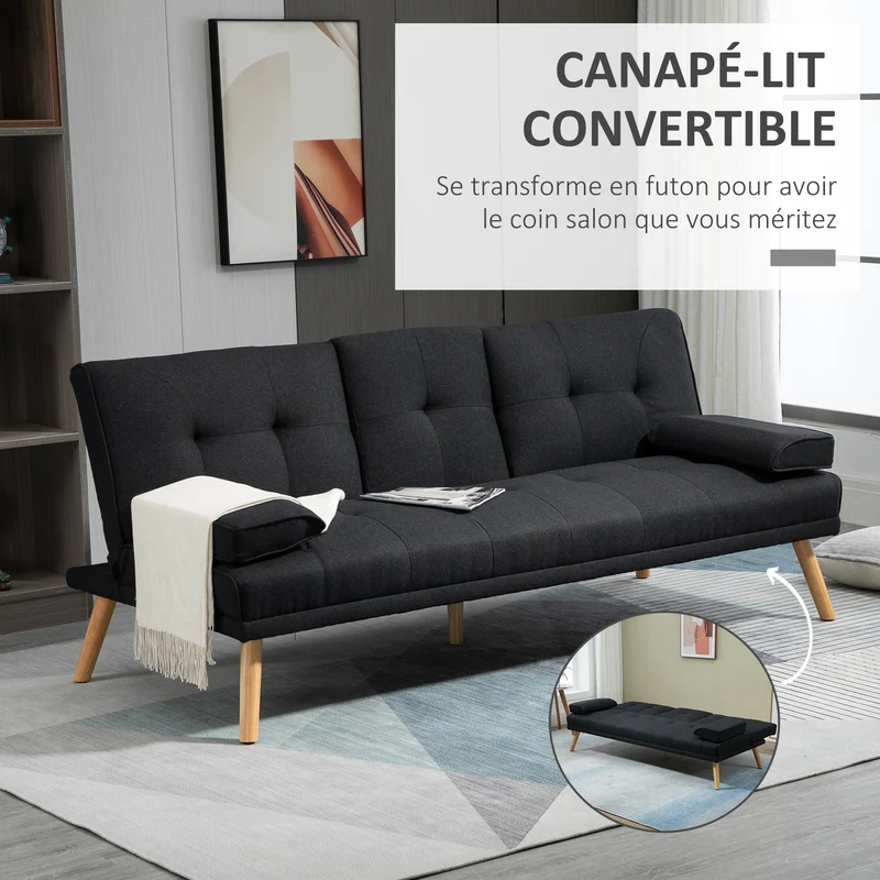 Canapé convertible 3 places 181 x 77 x 78 cm lit dossier réglable 2 coussins déco scandinave en tissu de lin gris foncé 21_0001754