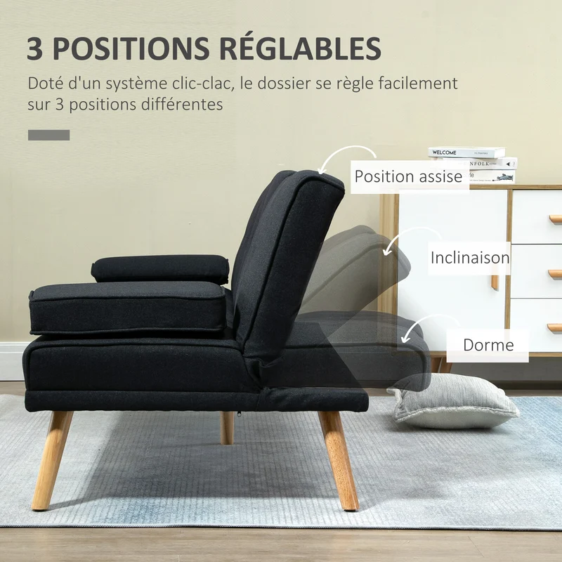 Canapé convertible 3 places 181 x 77 x 78 cm lit dossier réglable 2 coussins déco scandinave en tissu de lin gris foncé 21_0001754