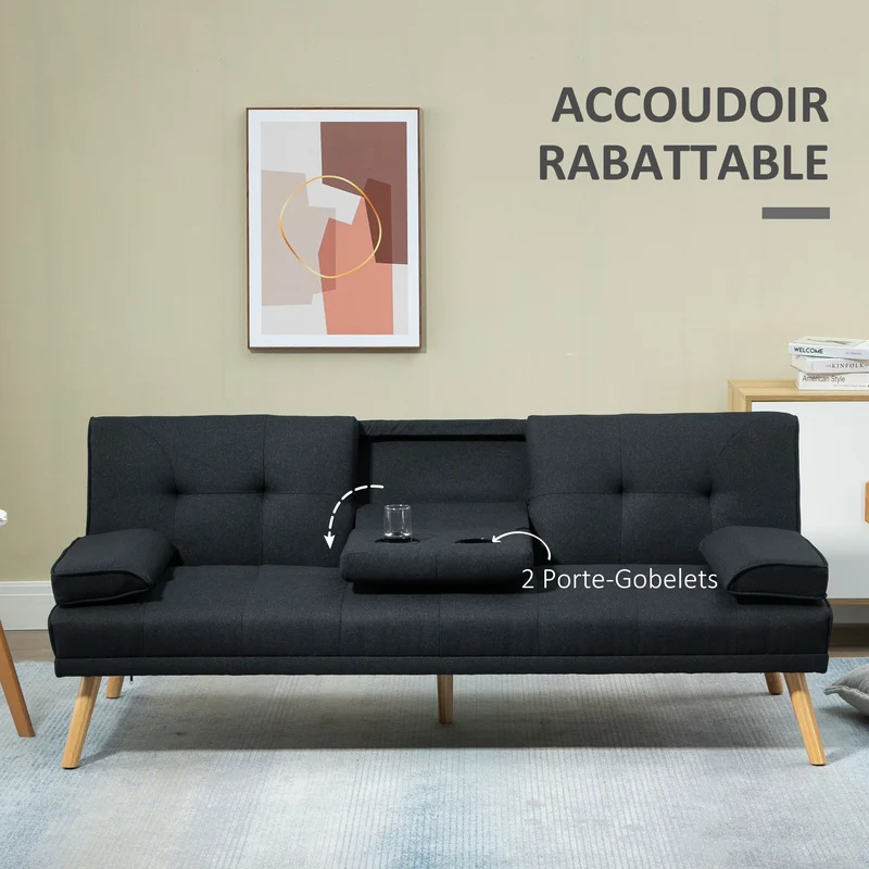 Canapé convertible 3 places 181 x 77 x 78 cm lit dossier réglable 2 coussins déco scandinave en tissu de lin gris foncé 21_0001754