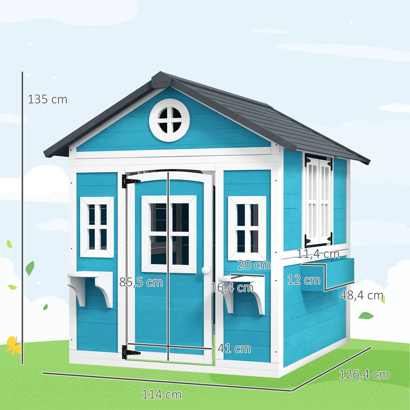 Cabane de jeu maison enfant jardin 114 x 126 x 135 cm jardinières scandinave compact toit étanche en bois de sapin bleu 21_0000398